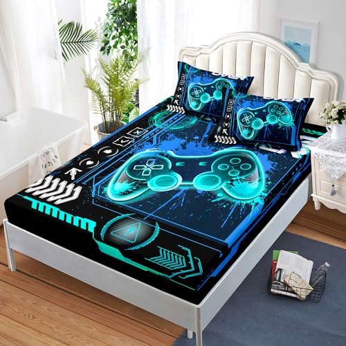 AILONEN Gamer Fitted Sheet Set Full Size, Blue Game Controller Boys Bedding Set Decor,Gamer Bed Sheet Set 3 Pieces Boys Sheet Set,Video Game Fitted Sheet and 2 Pillowcases