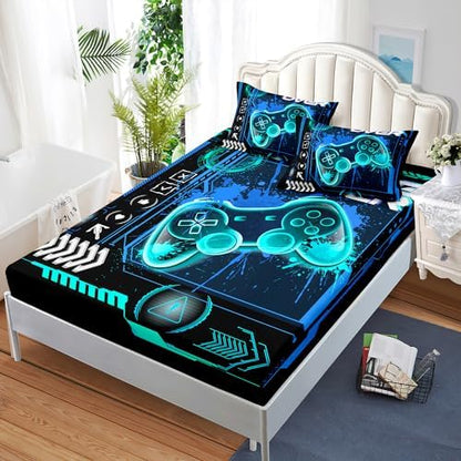 AILONEN Gamer Fitted Sheet Set Full Size, Blue Game Controller Boys Bedding Set Decor,Gamer Bed Sheet Set 3 Pieces Boys Sheet Set,Video Game Fitted Sheet and 2 Pillowcases
