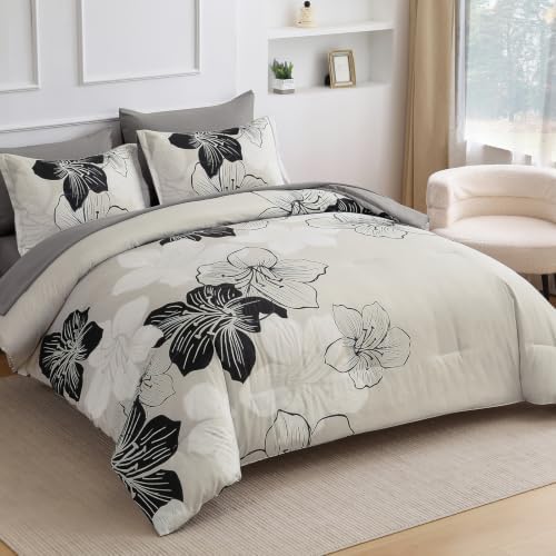 Black White King Size Comforter Set, 7 Pieces Light Grey Floral Bedding Set