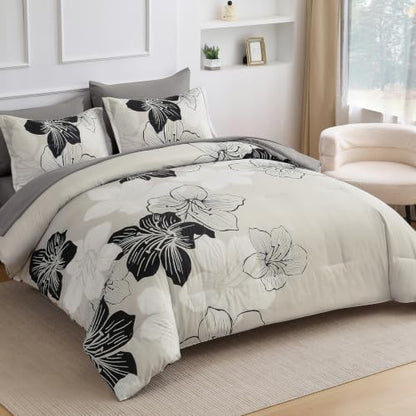 Black White King Size Comforter Set, 7 Pieces Light Grey Floral Bedding Set