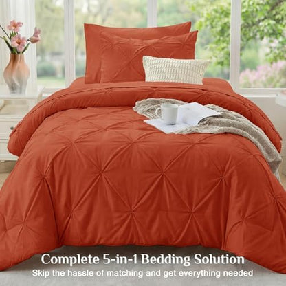 JOLLYVOGUE Twin Comforter Set 5 Pieces - Bed in a Bag Twin for All Season, Pintuck Bedding Comforter Sets with Comforter, Flat Sheet, Fitted Sheet and Pillowcases & Shams, Burnt Orange