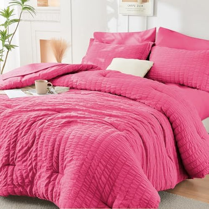 HYMOKEGE Hot Pink Full Size Comforter Sets Seersucker 7 Pieces, All Season Luxury Bed in a Bag for Bedroom, Bedding Set with Comforter, Sheets, Pillowcases & Shams