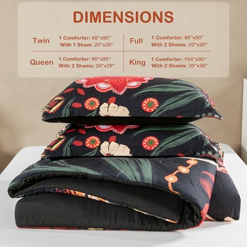 Tyrot Black Red Boho Floral Queen Comforter Set - 3 Piece Farmhouse Botanical Bedding Comforter Sets for All Season Soft Lightweight Mid Century Bed Set, (1 Reversible Comforter and 2 Pillow Shams