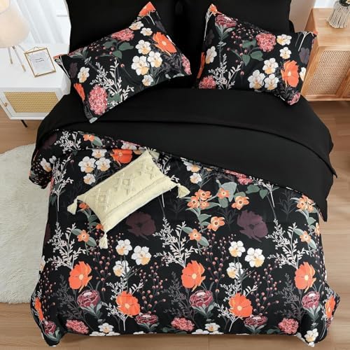 Full Size Comforter Set,Dark Black Red Floral Bedding Comforter Set 7 Piece