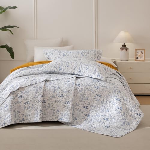 Lady Ann Cotton Quilt Sets King Size - Blue and White Floral & Leaves Pattern Botanical Printed Quilted Bedding, 3 Pcs Lightweight Soft Bedspread Sets King Coverlet for All Season