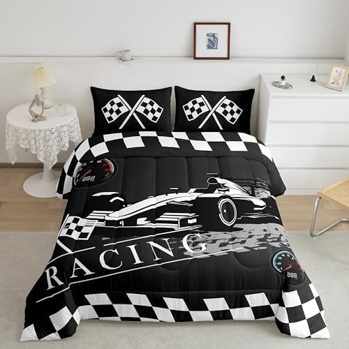 Boys Racing Car Comforter Set Full for Kids Teens Extreme Sports Theme Bedding Set, Black White Buffalo Bedding Comforter Sets Sprots Car Duvet Set, Plaid Quilted Comforter (Black Reversible)