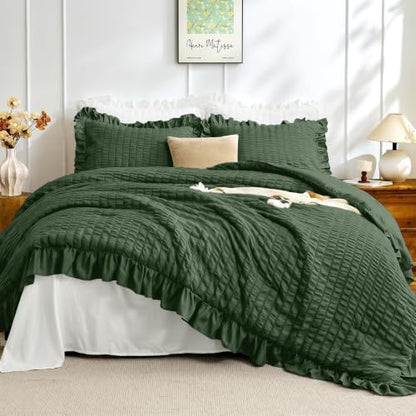 JOLLYVOGUE Olive Green Queen Comforter Set,3pcs Ruffle Seersucker Bed Set