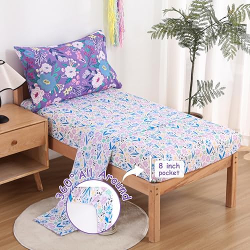 Mooreeke Toddler Bedding Sets for Girls,4 Pieces Purple Flower Printed