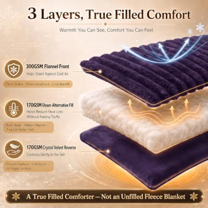 CozyLux Fleece Queen Comforter Set, 3 Piece Winter Warm Purple Bedding