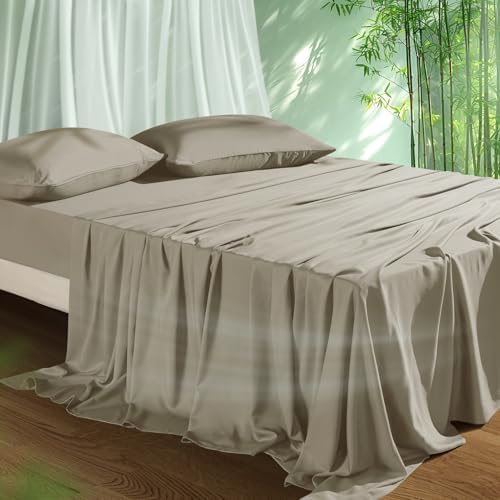 Cooling Sheets Set Queen Size, Viscose Derived from Bamboo for Hot Sleepers | Deep Pocket Up to 16 Inch | Silky Soft & Breathable Bedding - 4PC (Queen, Simply Taupe)