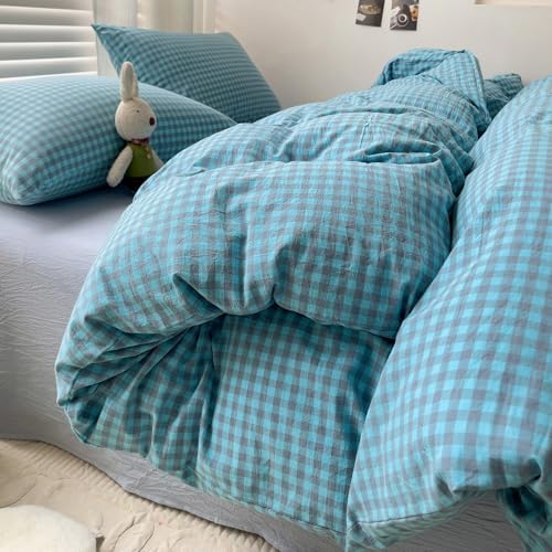 LifeTB Queen Comforter Set Blue Grey Gingham Comforter with 2 Pillowcases Modern Style Geometric Plaid Grid Comforter Farmhouse Gingham Bedding Set 3 Pieces Fluffy Checkered Comforter Set