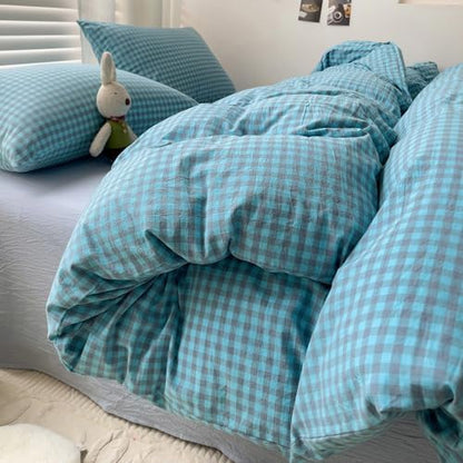 LifeTB Queen Comforter Set Blue Grey Gingham Comforter with 2 Pillowcases Modern Style Geometric Plaid Grid Comforter Farmhouse Gingham Bedding Set 3 Pieces Fluffy Checkered Comforter Set