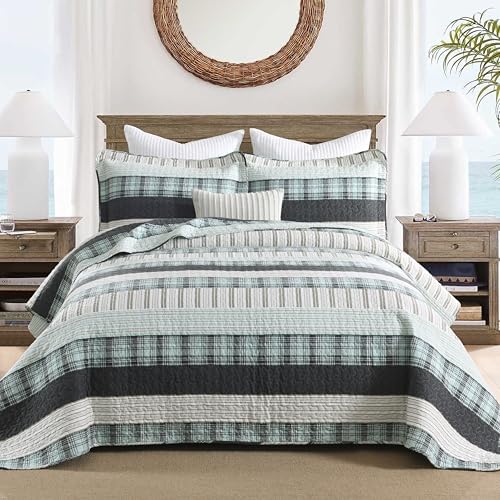 Homzard 100% Cotton Quilts Queen Size Teal White Plaid Farmhouse Plaid Striped Bedspread Set,Lightweight Breathable Comforter Reversible Coverlet All Season 3 Pieces