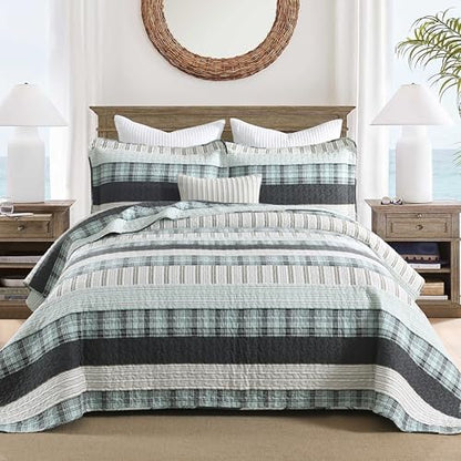 Homzard 100% Cotton Quilts Queen Size Teal White Plaid Farmhouse Plaid Striped Bedspread Set,Lightweight Breathable Comforter Reversible Coverlet All Season 3 Pieces