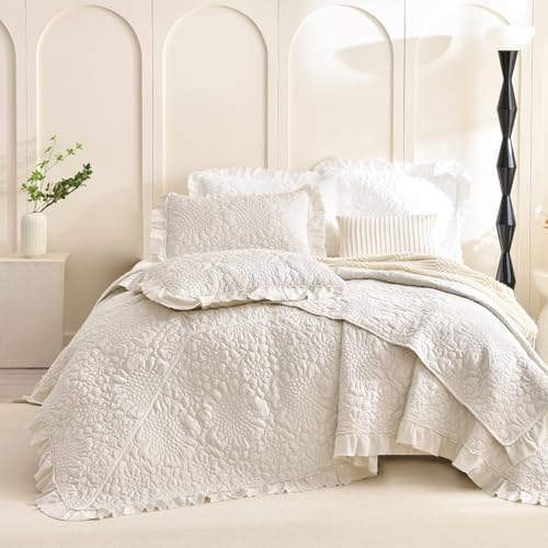 Masaca Oversized King Bedspread 120x120,Wheat Ruffled Crinkled Oversized California King Quilt Farmhouse Shabby Boho Chic Rustic Stone-Washed Microfiber Extra Large Bedding Set Soft and Lightweight