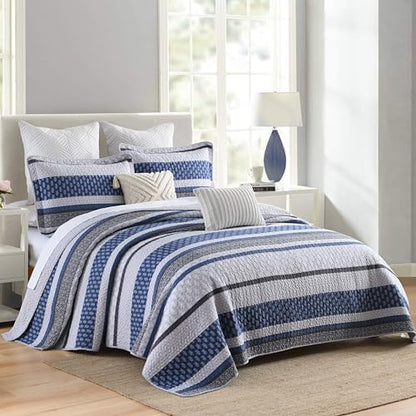 Homzard 100% Cotton King Size Comforter Set Blue Grey Striped Quilt Set