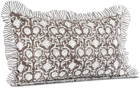 CPC Block Print Mocha Regal Ruffle Cotton Lumbar Pillow Cover 12x20 inch