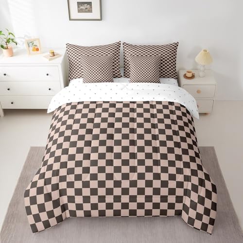 jejeloiu Brown Bedding Set 7Pcs Full Size Kids Buffalo Plaid Comforter Set with Sheets for Boys Girls Checkered Grid Bed in a Bag Soft Lightweight,Microfiber