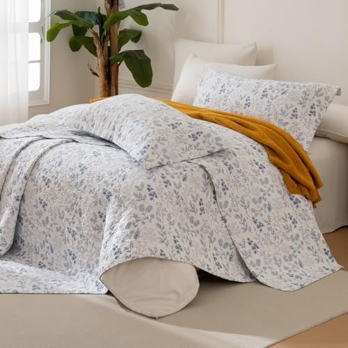 Lady Ann Cotton Quilt Sets King Size - Blue and White Floral & Leaves Pattern Botanical Printed Quilted Bedding, 3 Pcs Lightweight Soft Bedspread Sets King Coverlet for All Season