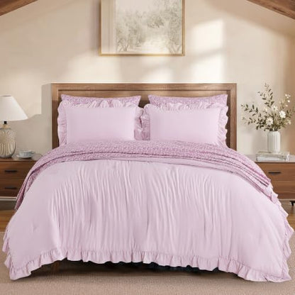 BLOOMHAVEN King Size Comforter Set-7 Pieces Ruffle Bedding Floral Sheet