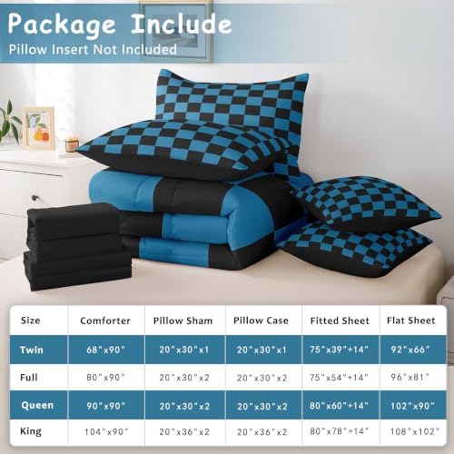 Feelyou Checkered 7 Piece Bedding Set Teen Blue Black Plaid Comforter Set with Sheets Twin Size Kids Boys Cute Retro Neutral Checkerboard Geometric Bed in a Bag Vintage Aesthetic Room Decor