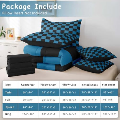 Feelyou Checkered 7 Piece Bedding Set Teen Blue Black Plaid Comforter Set with Sheets Twin Size Kids Boys Cute Retro Neutral Checkerboard Geometric Bed in a Bag Vintage Aesthetic Room Decor