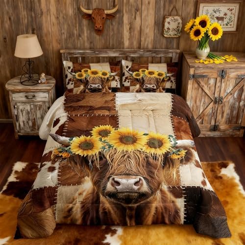 Highland Cow Comforter Set Queen Size,Brown Cow Fur Print Bedding Set 3Pcs for Kids Girls Boys Adult Room Decor,Sunflower Botanical Quilt Set Rustic Farm Animals Duvet Insert,2 Pillowcases