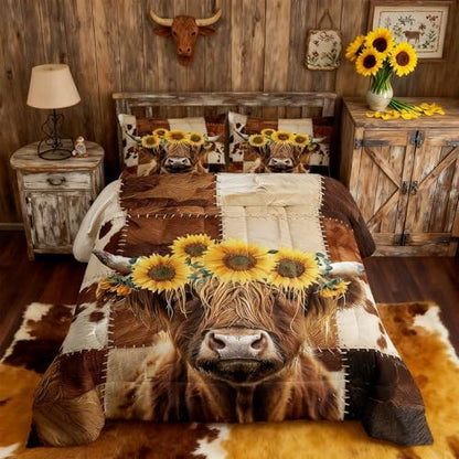 Highland Cow Comforter Set Queen Size,Brown Cow Fur Print Bedding Set 3Pcs for Kids Girls Boys Adult Room Decor,Sunflower Botanical Quilt Set Rustic Farm Animals Duvet Insert,2 Pillowcases