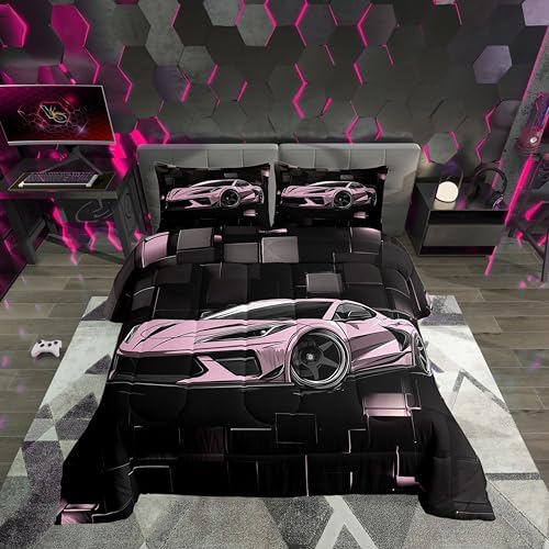 Erosebridal Girls Race Car Bedding Set Twin Size Pink Racing Car Comforter Set 2 Pieces Pink and Black Checkered Bedding Comforter Sets Abstract Down Comforter Room Home Decor
