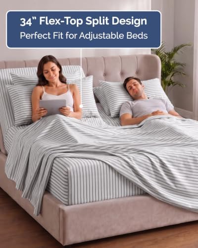 Extra Deep Flex Top Split Head King Sheet Set - 6pc Sheets - Grey Stripes