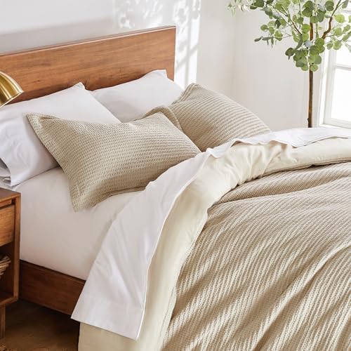 Levtex Home Cloud Waffle Full/Queen Comforter Set (90x94in) with 2 Pillow Shams (26x20in) - Solid Waffle Cotton Texture - Taupe - 100% Cotton Full/Queen Size Comforter Set - Soft, Pre-Washed