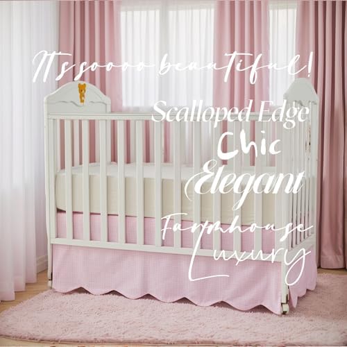 Brandream Scallop Edge Cotton Crib Skirt, Baby Boy Girl Gender Neutral Crib Skirt Toddler Bedskirt Farmhouse Chic Plaid Nursery Crib Bed Skirt, Gingham Check Pink