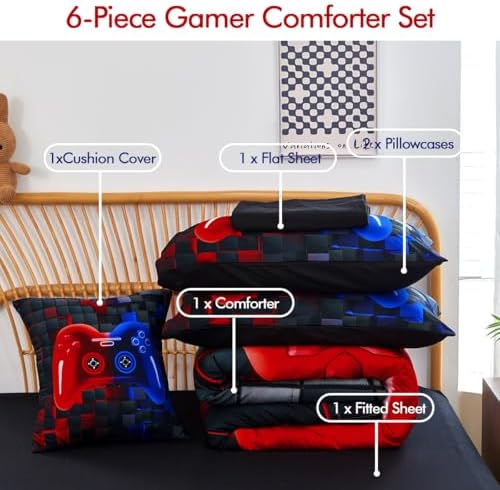 PERFEMET 6 Pieces Kids Comforter Sets Twin Size Red and Blue Game Console Bedding Set for Boys Girls Soft Fluffy 3D Cool Teen Gamer Bed in A Bag for All Seasons(Red Blue, Twin)