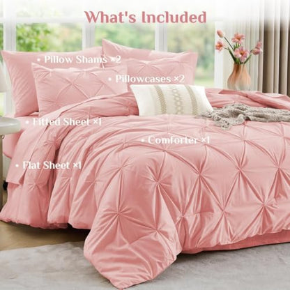 JOLLYVOGUE Oversized Queen Comforter Set 7 Pieces - Bed in a Bag Oversized Queen for All Season, Pintuck Bedding Sets with Comforter, Flat Sheet, Fitted Sheet and Pillowcases & Shams, Pink