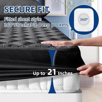 MEELUS King Mattress Protector Waterproof, Fitted Deep Pocket 8"-21", Black