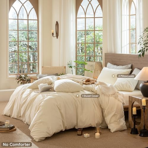 MooMee Wavy Striped Duvet Cover Set 100% Washed Cotton Linen Like Textured Breathable Durable Soft Comfy (Cream White, Full 80"x90")