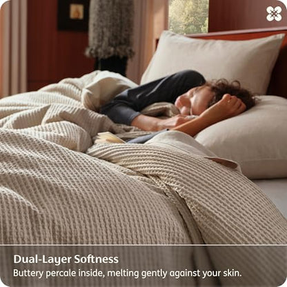Bedsure PureWoven Cotton Waffle Weave Duvet Cover, Khaki, Duvet Cover Only