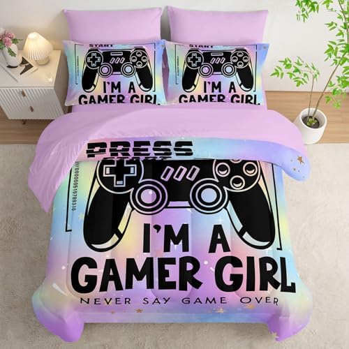 7Pcs Comforter Set Black Game Console Multi Color Printed Bedding Set with 1 Comforter,1 Flat Sheet,1 Fitted Sheet and 4 Pillowcases for Boys and Girls Bedroom All Season(Full)