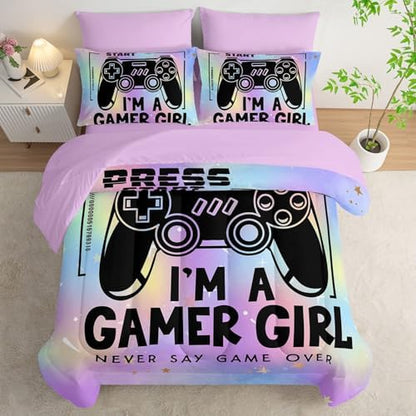 7Pcs Comforter Set Black Game Console Multi Color Printed Bedding Set with 1 Comforter,1 Flat Sheet,1 Fitted Sheet and 4 Pillowcases for Boys and Girls Bedroom All Season(Full)