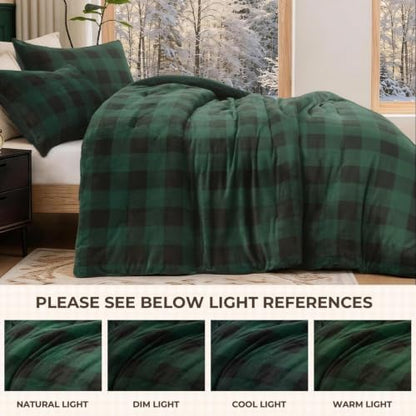 Litanika Velvet Flannel Plaid Comforter Set Twin, 3 Pcs Green Blanket