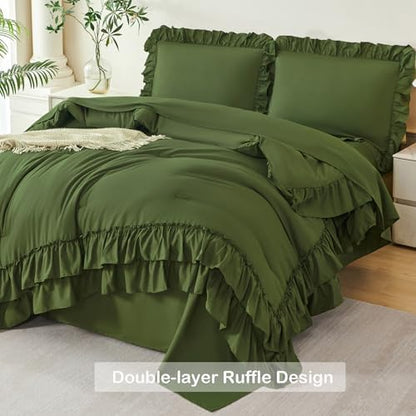ANGIYUIN Twin Comforter Set - 5 Pieces Olive Green Ruffled Bedding Sets