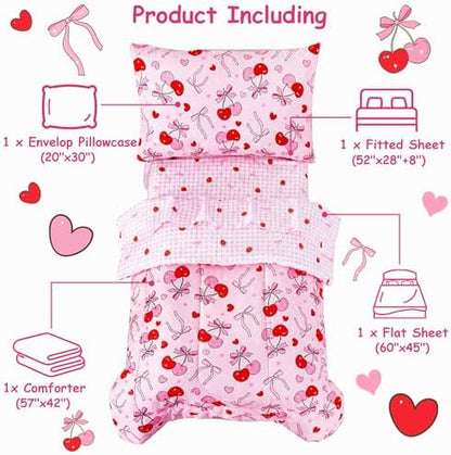 Mooreeke Toddler Bedding Sets for Girls,4 Pieces Pink Cherry Bow Printed