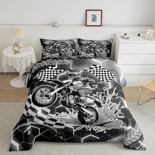 Racing Motorcycle Comforter Set Queen Grey Neon Lights Honeycomb Bedding Set Dirt Bike Motocross Quilt Glitter Geometric Hexagon Beehive Duvet Insert,Black White Grid Lattice Buffalo Plaid Decor