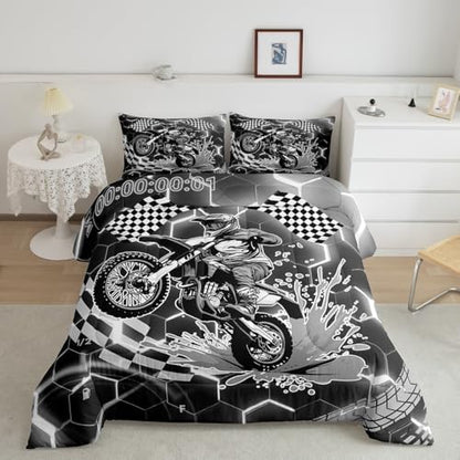 Racing Motorcycle Comforter Set Queen Grey Neon Lights Honeycomb Bedding Set Dirt Bike Motocross Quilt Glitter Geometric Hexagon Beehive Duvet Insert,Black White Grid Lattice Buffalo Plaid Decor