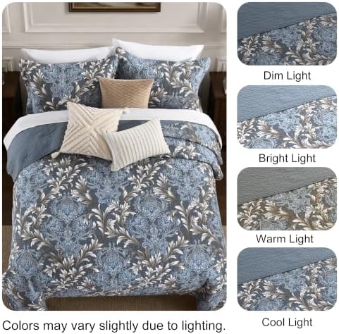 100% Cotton Classic Damask Reversible Queen Size Quilt Set, Blue & White