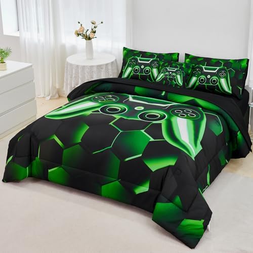 URBONUR Black Green Gaming Queen Comforter Set for Boys 6Pcs Bed in A Bag