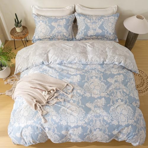 OAITE Full Duvet Cover Set 3pcs 100% Cotton Blue Damask Vintage Floral