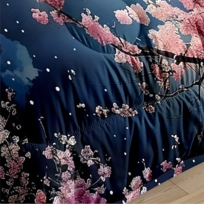 CCoutueChen Cherry Blossom Bedding Sets Queen Size, Japanese Floral Themed Comforter for Women, Black and Pink 3 Pcs Warm Microfiber Quilt Set with 2 Pillowcases, 90 ''x90''