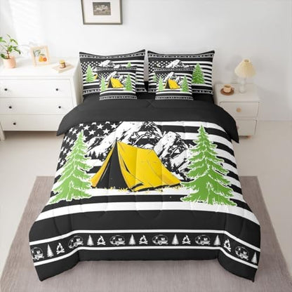 Erosebridal Camper Decor 7 Pcs Bedding Set Happy Camping Boys Bed in A Bag Rustic Farmhouse Comforter Set with Sheets Twin Size for Kids Teens Adult Room Bonfire Rv Travel Trailer Bed Sets, Black