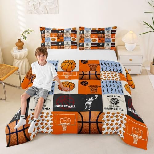 Boy Basketball Bedding Sets King Size,Ball Sport Games Comforter Set 3Pcs for Teens Adult Room Decor,Basketball Player Silhouette Quilted Duvet Modern Patchwork Plaid Down Comforter,2 Pillowcases